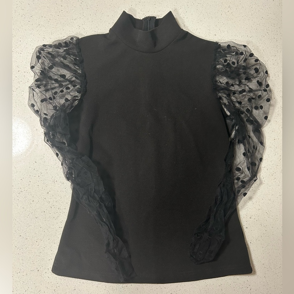 SHEIN Black Top with Sheer Polka Dot Sleeves